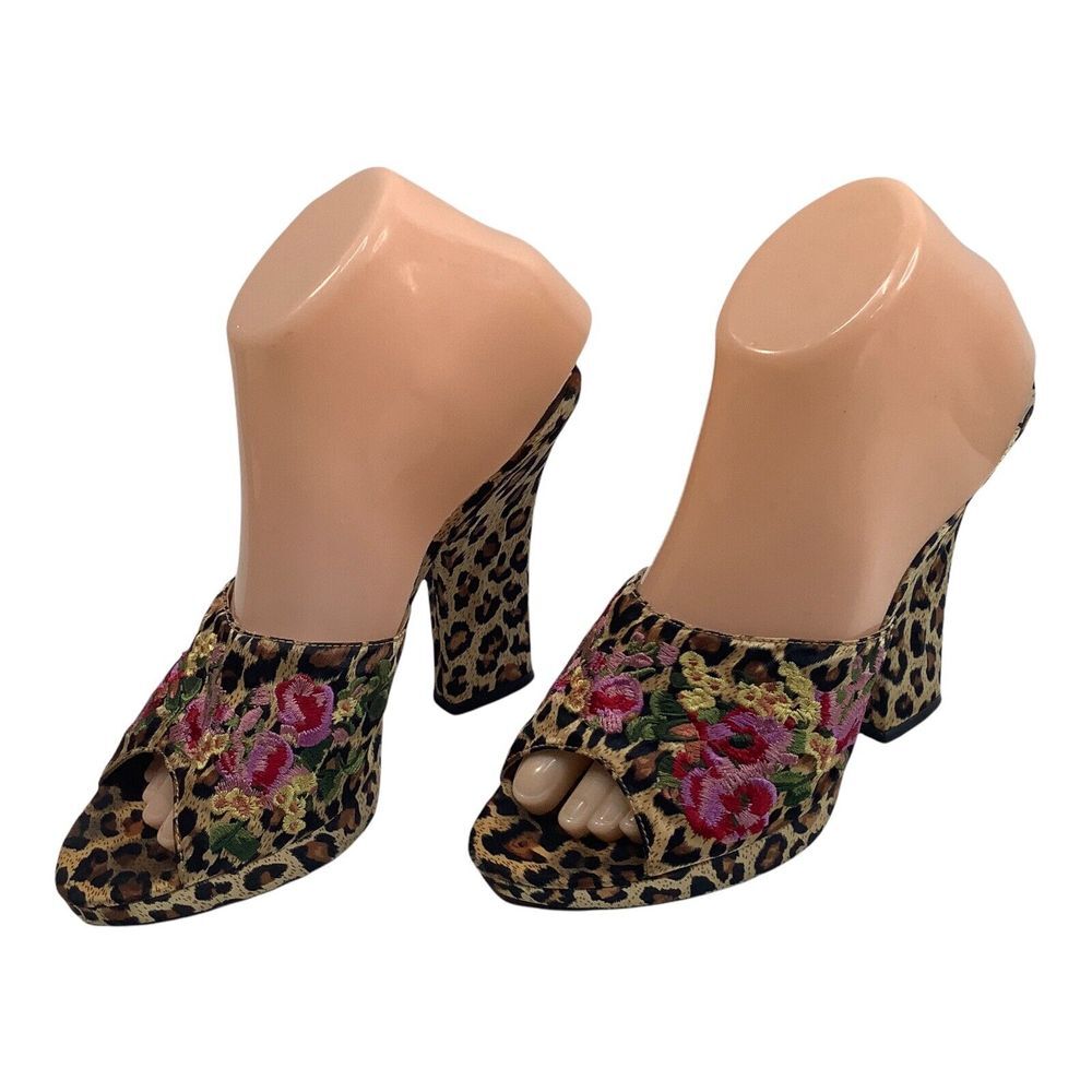 Womans Joey Blooming Satin Sandals High Heel‎ 5" Leopard Floral Embroidered